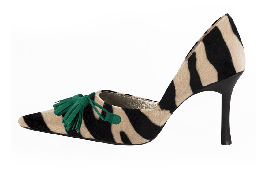 Safari black and emerald green women's open arch dress pumps. Pointed toe. Very high slim heel. Profile view - Florence KOOIJMAN
